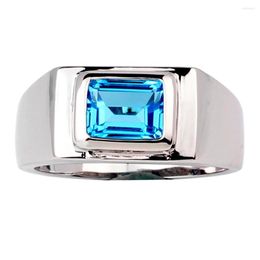 Cluster Rings Natural Blue Topaz Men Ring Silver 925 Band 7x9mm Emerald Cut Gemstone December Birthstone Jewelry R509BTN