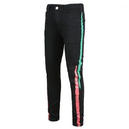 Men's Jeans Male Fashion Casual Colored Stripe Printed Black Stretch Denim Slim Fit Plus Big Size Painted Pants Trousers