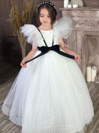 Girl Dresses Puffy Tulle Flower Sleeves Child Wedding Dress Pure White For Kids Party Pageant Ball Gowns