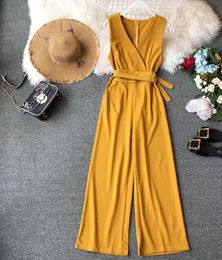 Women's Jumpsuits & Rompers Amolapha Women Solid V-neck High Waist Sashes Sleeveless Wide Leg Jumpsuit