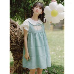 Work Dresses SWEETXUE Summer Embroidery Doll Collar Short-Sleeved Shirt Denim Suspender Mini Skirt Two-Piece Outfit Korean Cute Suits