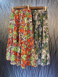 Skirts 2023 Autumn Fashion Long High Quality Women Elastic Waist Vintage Floral Prints Casual Green Orange Maxi Clothes