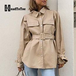 Women's Jackets Solid Turn Down Collar Pockets Design Buttoned Leather Women Belted Long Sleeve Casual Jacket Coats Streetwear1