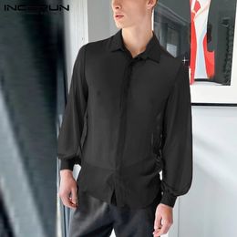 Men's Casual Shirts INCERUN Men Shirt See Through Solid Color Sexy Long Sleeve Thin Shirts Button Lapel Streetwear Nightclub Party Camisas S-5XL 230322
