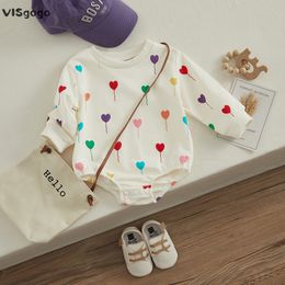 Rompers VISgogo born Romper Baby Girl Round Neck Long Sleeve Heart balloon Pattern Jumpsuit Elastic Cuff Bodysuit Spring Fall Clothes 230322