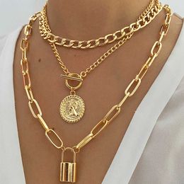 Pendant Necklaces EN Charm Fashion Multilayer Gold Colour Thick Chain Lock Pendant Necklace 2022 Jewellery Vintage Coin Choker Necklace for Women Z0321