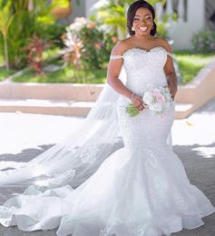 Rhinestone Beaded Mermaid Wedding Dresses Lace Applique Straps Sweetheart Neck Corset Lace-up Plus Size Long African Bridal Gowns Custom Made Ivory White Vestido