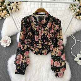 Women's Blouses Korean Lapel Flanged Single Breasted Sweet Floral Chiffon Casual Jacket