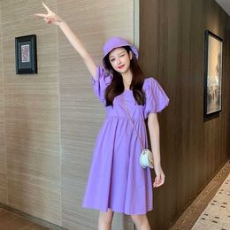 Casual Dresses New Korean-Style Loose Purple Square Collar Puff Sleeve Dress Woman Dress Vestido De Mujer Femme Robe G230322