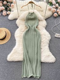 Casual Dresses SINGREINY Sexy Backless Knitted Dress Women Halter Sleeveless Hollow Out Split Sundress Korean Vacation Knit Beach Long Dress 230322