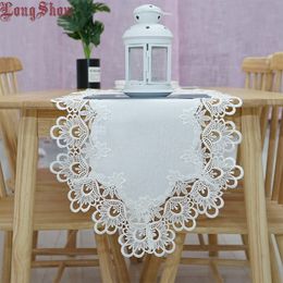 Table Runner Luxury Embroidered Lace Trim White Color Polyester Slubbed Cloth Floral Style Table Runner Shoe Cabinet TV Stand Cover Bed Flag 230322