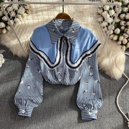 Women's Blouses Stylish Large Lapel Puffed Sleeve Plaid Age-reducing Baggy Chic Shirt