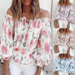 Women's Blouses Sexy Women Spring Autumn Ruffles Chiffon Tops Tees Floral Belt Off Shoulder Casual Femme Blouse Shirt Befree Boho