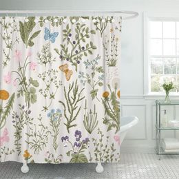 Shower Curtains Flora Vintage Floral Pattern Herbs and Wild Flowers Botanical Engraving Style Colourful Victorian Boho Shower Curtain Waterproof 230322