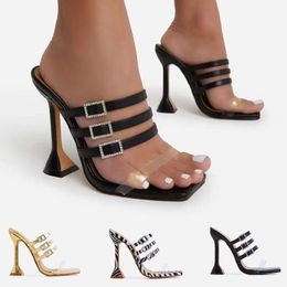 Sandals 2023 Summer Fashion Women Sexy Square End Ankle Bright Diamond Band Stilettos High Heels Zipper Ladies Party Shoes