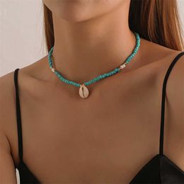 Pendant Necklaces Bohemian Blue Rice Bead Chain Natural Shell Pendant Collar Necklace For Women Charm Statement Beach Vacation Jewellery Accessories Z0321