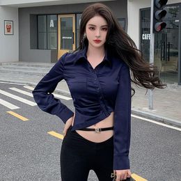 Women's Blouses 2023 Spring Summer Blue Satin Women Shirts Solid Long Sleeve Turn-down Collar Slim Fit Tops