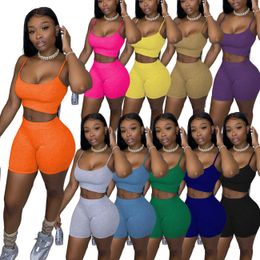 2023 New Women's Tracksuits Fashion 2 Piece Sets Solid Color Halter Tank Tops Vest And Shorts Jogger Suit Bicycle Two Piece Pants Set Women Clothing