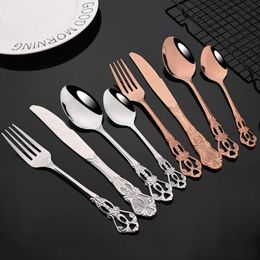 Dinnerware Sets Vintage Western Rose Flatware Cutlery Dining Knives Forks Teaspoons Set Mirror Golden Luxury Engraving Tableware