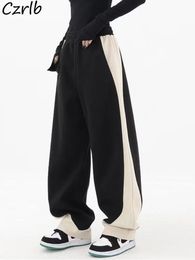 Women's Pants s Casual Pant Spring Loose Patchwork Design Wide Leg High Waist Streetwear Drawstring Full Length College Ulzzang 230322