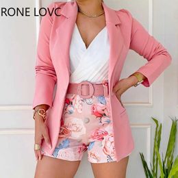 Women's Tracksuits Women Elegant Solid Blazer Jacket All Over Print Shorts with Belt Fashion Working Short Blazer Sets P230320