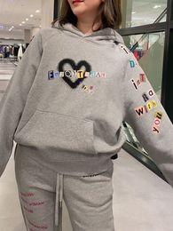 Women s Hoodies Sweatshirts Autumn Winter Heart Printed Letter Patchwork Women Casual Hooded Pullover Sweater 230321