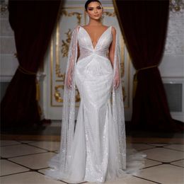 Luxury Mermaid Wedding Dresses Deep V-neck Shining Sequined Special Design Backless Pleats Zipper Chapel Gown Custom Made Plus Size Bridal Gown Vestidos De Novia