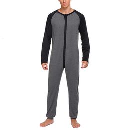 Men's Sleepwear Sleepwear Long Sleeve Colorblock Patchwork Pyjamas Casual Homewear Nightgown Men Buttons Up Jumpsuit Nightwear 230322