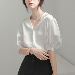 Women's Blouses Bubble Sleeve Satin White Shirt Women's Summer 2023 Short V-neck French Casual For Women Drop Solid 0926