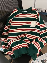 Men s Hoodies Sweatshirts JMPRS Striped Women Casual O Neck Oversize Green Pullover Tops Fashion Letter Patchwork Female Loose Fall 230322