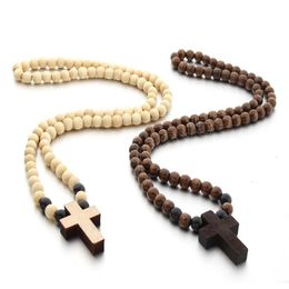 Wood Beaded Cross Necklace Men Wooden Bead Pendant Necklace Mens Hip Hop Jewelry Accessories