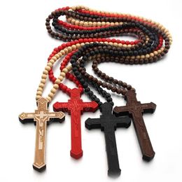 Classic Wood Beads Wooden Cross Pendant Necklace 4 Colors Long Chain Rosary Christian Religious Faith Men Women Jewelry