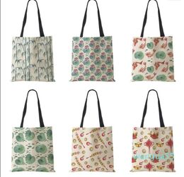 Designer-Evening Bags Lotus Leaf Bamboo Print Shopping Women Folding Reusable Tote Shoulder Bag Scenery Canvas Casual Groceries Handbags 2023