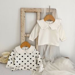 Kids Shirts Girl Fashion Peter Pan Collar Long Sleeves T-shirt Baby All-match Polka Dot Tops Kids Girls Simple Solid Cotton Bottoming Shirt 230323