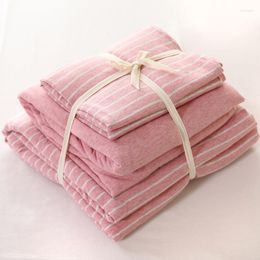 Bedding Sets Cotton Jersey Knitted Fabric 4pcs Bed Set For Girls Lovely Bedroom Pink Stripe Blanket Cover And Solid Fitted Sheet