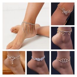 Fashion Bling Tassel Heart Charm Pendant Chain Anklets Butterfly Angel Wing Ankle Bracelet for Women Boho Sexy Shiny Rhinestone Iced Out Full Diamond Beach Jewelry