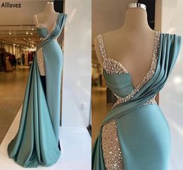 Sparkle Sequins Beaded Unique Straps Prom Dresses Elegant Pleated Satin Sheath Formal Party Gowns Thigh Split Sexy Second Reception Evening Dress Vestidos CL2061