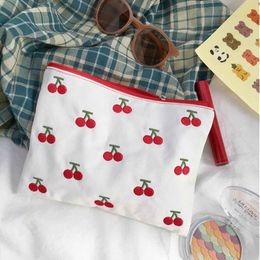 100Pcs/Lot Fashion Cartoon Cherry Embroidery Pencil Case Cosmetic Bag Make Up Storage Bag Student Stationery Bag