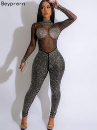 Women's Jumpsuits Rompers Beyprern Sparkle Mock Neck Black Rhinestones Mesh Jumpsuits Chic Sheer Mesh Back Zipper Sequins Romper Nightclub Outfits 230323