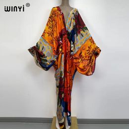 Casual Dresses Sexy bech high-quality hand-rolled feel silk rayon fashion print WINYI Maxi women's robes long beach V-neck Bohemian dress 230322