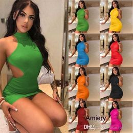 2023 Summer Sexy Dress xxxl Womens High Collar Hollow Out Bodycon Dresses Chest Wrapped Open Back Skinny Hip Plus Sizes Solid Colour Green