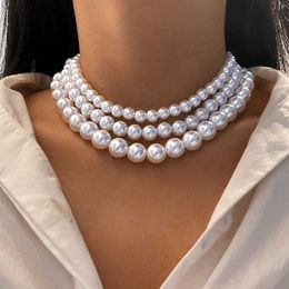 Beaded Necklaces Elegant Vintage White Imitation Pearl Choker Necklace For Women Big Round Pearls Beaded Wedding Necklace Charm Fashion Jewelry Z0323