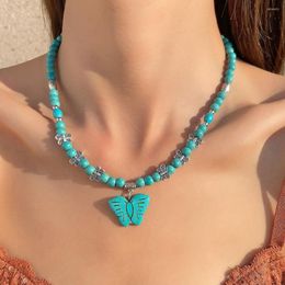 Choker Bohemian Turquoise Beads Necklaces For Women Stylish Butterfly Pendant Necklace Ethnic Beach Holiday Party Jewellery Gift
