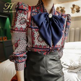 Men's Swimwear H Han Queen Winter Elegant Bow Blouse Korean Style Casual Vintage Printing Shirts Simple Office Wear Work Tops 230322