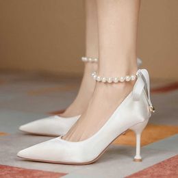 Dress Shoes Women's Bridal Wedding Shoes White High Heels Pearls Ankle Strap Pumps Silk Bow Dress Shoes Pointed Toe escarpins femme 1124N AA230322