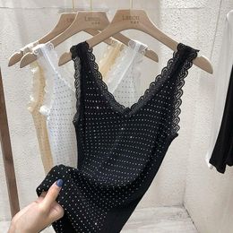 Women's Tanks Bling V-neck Sexy Lace Knit Vest Women Spring And Summer Ice Silk Sling Camisole 2023 Solid Sleeveless Bottoming Camis Tops
