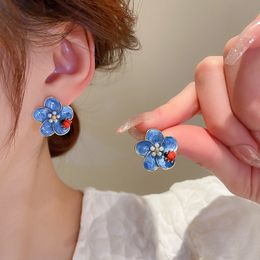 AFSHOR Charm Trendy Cute Blue Flower Pearl Stud Earrings for Women Lovely Black Red Beetle Earrings Quality Daily Fine Sweet Jewelry