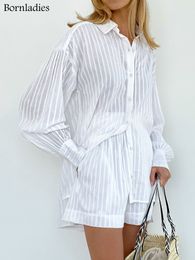 Women's Jumpsuits Rompers Bornladies Casual Shorts Sets Striped Jacquard 2 Pieces Cosy Lapel Lantern Sleeve Shirt Summer Outfit Elastic Waist Suits 230322