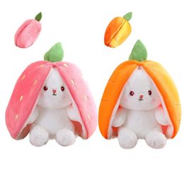 Plush Dolls 2PCS Kawaii Fruit Transfigured Easter Bunny Toy Cute Carrot Strawberry Bag Turn Into Rabbit Kids Birthday Gift 230323