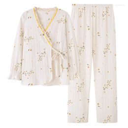 Women's Sleepwear Autumn Pyjamas Women Young Girls Pajama Sets Small Flowers Print Japanese Kimonos For Plus Size 5XL Full Cotton Yukata